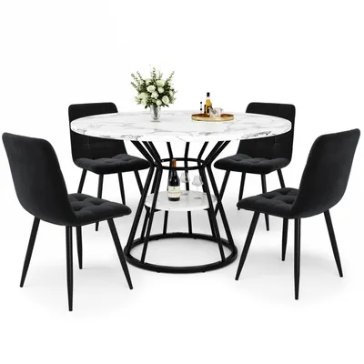 Produktbild von Tischset (5-teilig) runder Esstisch,Couchtisch(Schwarz) 100 x 100 x 76 cm,4 Samtstuhl (inkl. Esstisch mit Marmorplatte) für 4 Personen