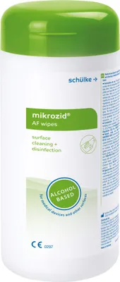 Produktbild von Schülke & Mayr mikrozid AF, 150 Stück(e), 100 g Lösung enthalten folgende Wirkstoffe: 25 g Ethanol (94 %ig), 35 g Propan-1-ol, Die Fläche mit dem Tuch gründlich wischen und die Wirkstofflösung einwirken lassen. Auf...