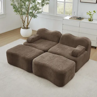 Produktbild von STILVORA Modulsofa 2-Sitzer mit 2 Ottomans, Boneless Sofa aus 32D-Hochdichtschaum, Wohnzimmersofa mit beweglichem Armlehnenkissen und rutschfestem Design