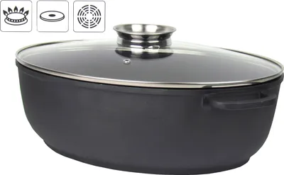 Produktbild von Aluguss-Bräter mit Glasdeckel inkl. Aromaknopf – 2-facher Antihaftbeschichtung – Fassungsvermögen ca. 8,5 Liter – für alle Herdarten außer Induktion