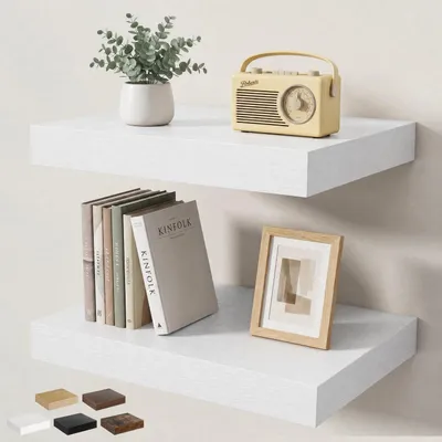 Image de Étagère murale flottante, lot de 2, dimensions 40 x 23,5 x 3,8 cm, blanche, avec supports invisibles