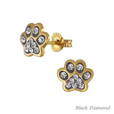 Produktbild von Ohrringe Silber 925 Ohrstecker „Pfote / Pfötchen“ gold Black Diamond