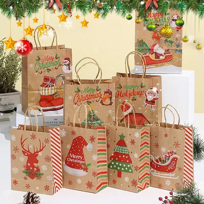 Produktbild von Geschenktüten für Weihnachten - Set von 24 Papierbeuteln mit Griffen - Ideal für kleine Weihnachtsgeschenke - Aufbewahrungstüten für Weihnachten - Dekorative Tüten mit Weihnachtsmotiv
