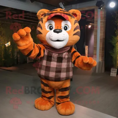 Produktbild von Brauner REDBROKOLY Tiger als Maskottchen kostüm bekleidet mit einem Flanellhemd und Fäustlingen