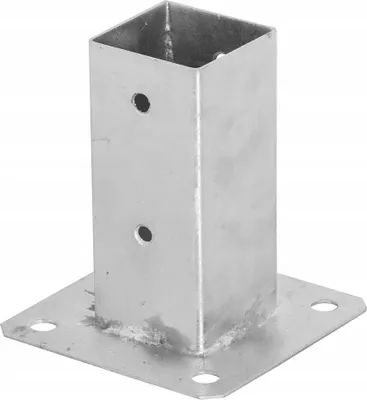 A silver metal post anchor with a square opening and a flat base with four holes.