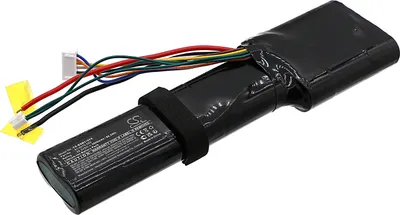 A black battery pack with multiple colored wires attached, lying on a white background.