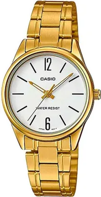 A close-up studio shot of a gold Casio women's watch with a white face.