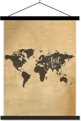Produktbild von MuchoWow® Textilposter Weltkarte - Vintage - Zitate 60x80 cm mit schwarzem Rahmen - Plakathalter