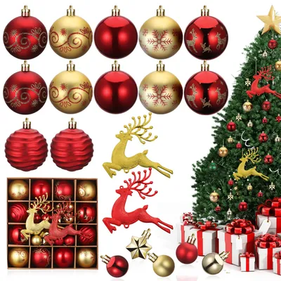Weihnachtskugeln 46er Set, Rot-Gold, Kunststoff, unzerbrechlich