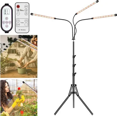 Image de Lampe de culture LED à spectre complet, 147 LED, intensité réglable, minuterie, lampe sur pied pour plantes d'intérieur, 3 têtes, avec prise USB et télécommande, 3 modes