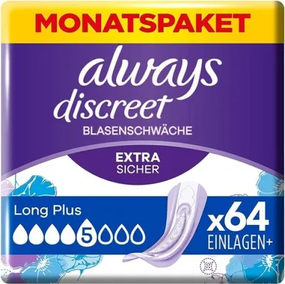 Produktbild von Always Discreet Inkontinenzeinlagen für Frauen Long Plus 64 Stück Extra Sicher und Diskret