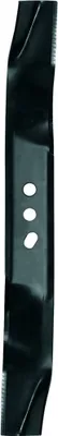 A close-up, vertical shot of a black lawnmower blade with three oval holes in the center.