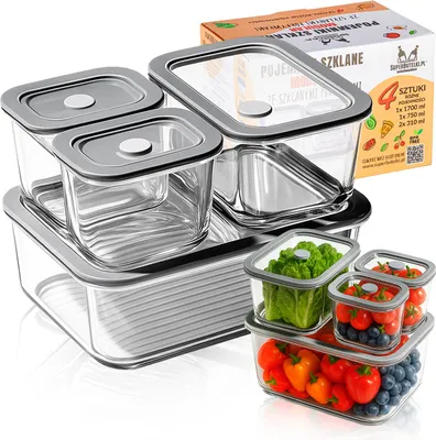 Zdjęcie produktu dla SuperButelki - Zestaw 4x Pojemniki szklane MODULAR do przechowywania żywności ze szklanymi pokrywkami z zaworkiem, lunchboxy, komplet pojemników