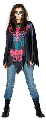 Produktbild von Poncho Skelett schwarz bunt Halloween