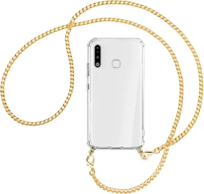 Produktbild von Handykette Backcover-Schutzhülle mit Band (Metall goldfarben) für Samsung Galaxy A70e - goldfarbene Kette