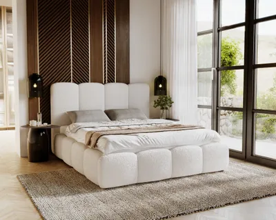 Obrázok produktu pre Čalúnená posteľ 180x200 cm Merkad Bouclé - Dvojposteľ, posteľ do spálne - Látkový rošt a úložný priestor - Bouclé krémová