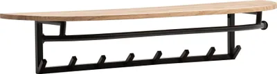 Gesamtansicht der Garderobe Akazie Massivholz mit schwarzem Metallrahmen, 8 Haken und Holzablage.