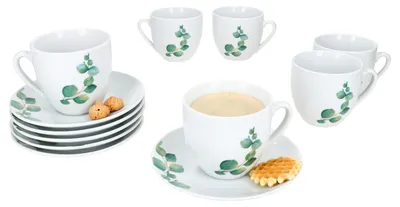 Produktbild von 6er Set Eukalyptus Kaffeetassen mit Untertassen 6 Personen Porzellan Tee Blatt