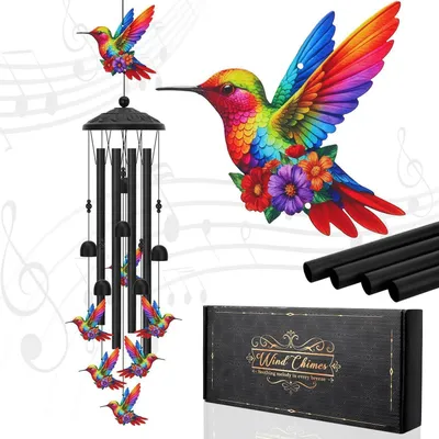 Produktbild von Windspiel Kolibri Metall Bunt 90 cm Wetterfest mit Klangröhren & Glöckchen
