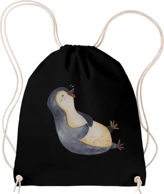 Produktbild von Mr. & Mrs. Panda Stoffbeutel Pinguin Lachen - Schwarz - Geschenk, Haha, Turnbeutel, Jutebeutel, wander rucksack, baumwoll, Drawstring Bag, Optimismus, Lol, Fröhlich