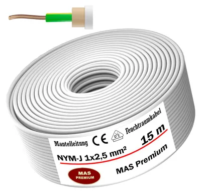 Produktbild von 15m Feuchtraumkabel Stromkabel Mantelleitung NYM-J 1x2,5 mm² Elektrokabel