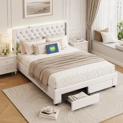 Produktbild von INONEFT Polsterbett 180 x 200 cm, Doppelbett mit USB und LED, Erwachsenenbett mit 2 Schubladen und Lattenrost, Samt, Beige, ohne Matratze, KI-generiertes Bild