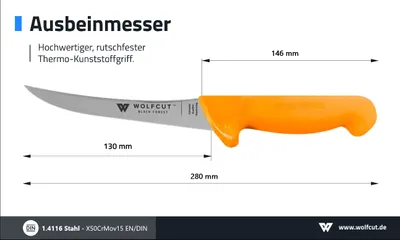 Zdjęcie produktu dla Nóż do trybowania 15 cm, zakrzywione, elastyczne ostrze, seria Gold firmy WOLFCUT
