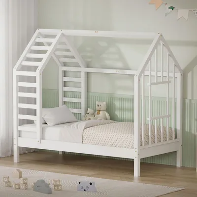 Zdjęcie produktu dla Łóżeczko dziecięce ML-Design, 70x140 cm, białe, z żebrowanym spodem, łóżko-domek z dachem i oknami, rama łóżka wykonana z drewna sosnowego, łóżko Montessori z drewna, idealne dla dziewczynek i chłopców