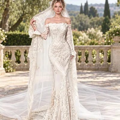 Produktbild von Damen Brautkleid Spitze Meerjungfrau Hochzeitskleid Schulterfrei Langarm Bodenlang Brautkleid Weiß ohne Schleier XXL