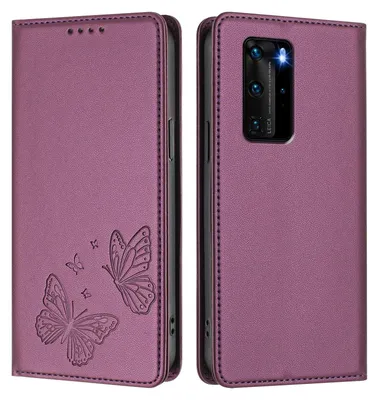 Obrázek produktu pro Kožené pouzdro pro Huawei P40 Pro, motýlí ražbou, peněženkové flip pouzdro se stojánkem Fialová