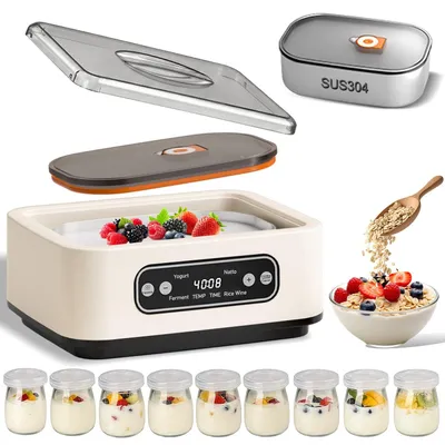 Produktbild von Joghurtbereiter, 1,6 L SUS304-Innenbehälter, Temperatur & Timer, OLED 9 Borosilikat-Gläser für Fermentation, Joghurt, Natto & Reiswein