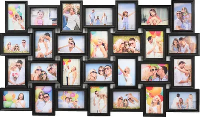 Produktbild von XL Fotocollage Bilderrahmen für 28 Fotos 10 x 15 cm und 15 x 10 cm Schwarz Kunststoff mit klaren Schutzscheiben 3D Optik Wandmontage hoch oder quer Gesamtmaß 103,5 x 60,5 x 2,4 cm
