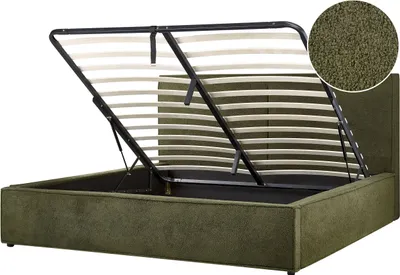 Produktbild von BELIANI Polsterbett Dunkelgrün Bouclé-Stoffbezug mit Hohem Kopfteil Lattenrost 180 x 200 cm Bettkasten Hochklappbar Modern Skandi Schalfzimmer Möbel