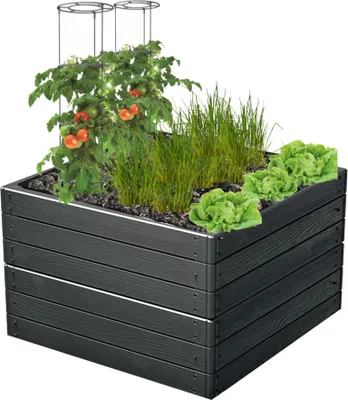 Productafbeelding van 2x Tuinbloembak, verhoogde bak, plantbak, plantkrat, antracietkleurig, houtlook, 75,6 x 75,6 x 50 cm - Perfect voor het planten van bloemen, het kweken van planten en kruiden