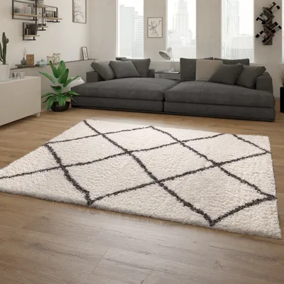 Produktbild von Hochflor Teppich Wohnzimmer Shaggy Langflor Skandinavisches Muster Creme Grau Grösse 80x150 cm