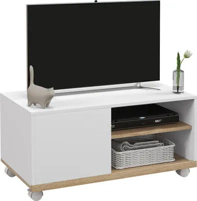 Produktbild von HOMCOM Moderner Wohnzimmer-TV-Schrank mit Rollen, Tisch für 42-Zoll-Fernseher, TV-Modul mit 1 Tür und 2 Ablagen, 80 x 45 x 39,5 cm, Weiß