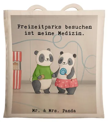 Produktbild von Mr. & Mrs. Panda Schultasche Pandas Freizeitpark besuchen Design - Weiß - Geschenk, Beutel, Einkaufstasche, Achterbahn fahren, Tote Bag, Jutebeutel, Laptoptasche