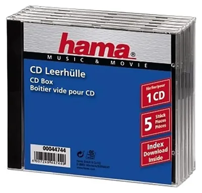 Produktbild von Hama CD Jewel Case Standard, Pack 5, C-Schalengehäuse, 1 Disks, Schwarz, Transparent, Polystyrene, 140 mm, 10,4 mm