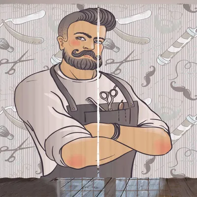 Produktbild von ARANDE Hipster Gardine, Muskulöser Friseur-Mann mit Hippie-Frisur und -schnurrbart auf grafischen Rasierelementen, 280 x 260 cm, Mehrfarbig