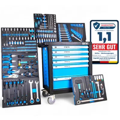 Image de DeTec. 3066 Servante d'atelier 6/6 tiroirs Chariot à outils rempli d'outils de qualité bleu