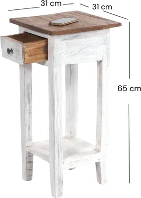 A white and brown wooden side table with a drawer and a shelf, shown with dimensions indicated.