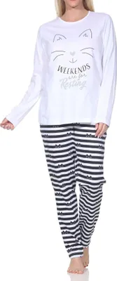 Produktbild von Normann Damen langarm Schlafanzug Pyjama in Katzen Optik – auch in Übergröße ; weiß , 48