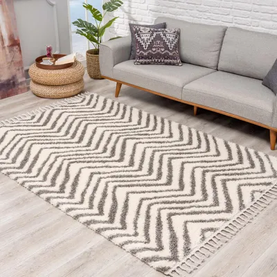 Produktbild von Hochflor Teppich Shaggy Creme 80x250 cm - Chevron-Muster, Kettfäden - Flauschiger Wohnzimmerteppich