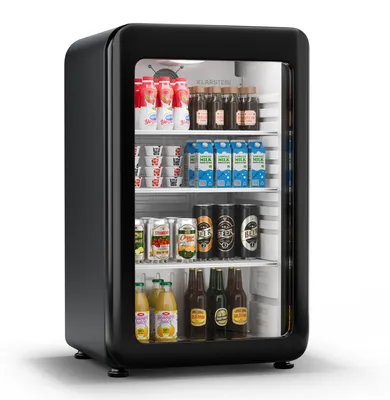 Produktbild von Klarstein Audrey Evo Getränkekühlschrank Mit Glastür - 93L Mini Kühlschrank, Retro-Design, LED-Beleuchtung, Doppelt Verglaste Tür, 0-10 °C, , Schwarz