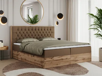 Produktbild von MKS MEBLE Boxspringbett 140x200 mit Bettkasten Eiche, Polsterbett 140x200 mit Matratze H3, Bett 140x200 mit Kopfteil, Bett mit Holzrahmen in Wotan Eiche - Braun Kunstleder - Amore