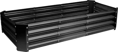 A black corrugated metal raised garden bed is shown against a white background.