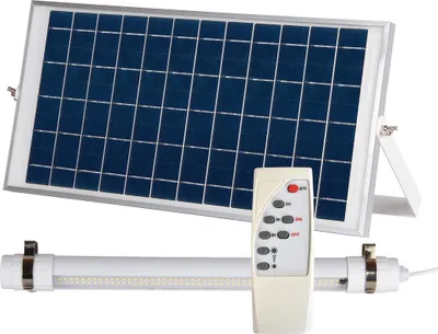 A solar panel, a remote control, and a LED light tube are displayed against a white background.