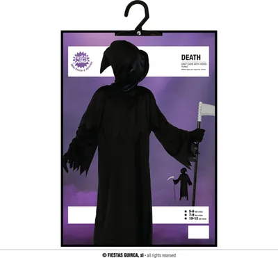 A child wearing a black Grim Reaper costume with a hood, holding a scythe, displayed on a hanger in its packaging.