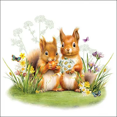 Produktbild von 20 Servietten Little Squirrels - Eichhörnchen-Paar an Blumen 33x33cm