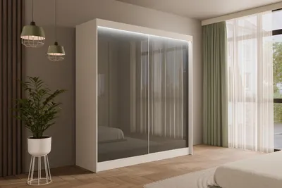 Produktbild von ALTDECOR Kleiderschrank mit Lacobel-Schiebetüren, kugelgelagerte Führungsschienen und Aluminium- Leisten, LED-Beleuchtung (weiß + 16 Farben) und Fernbedienung - PEKA - 200 cm Weiß /  Grau